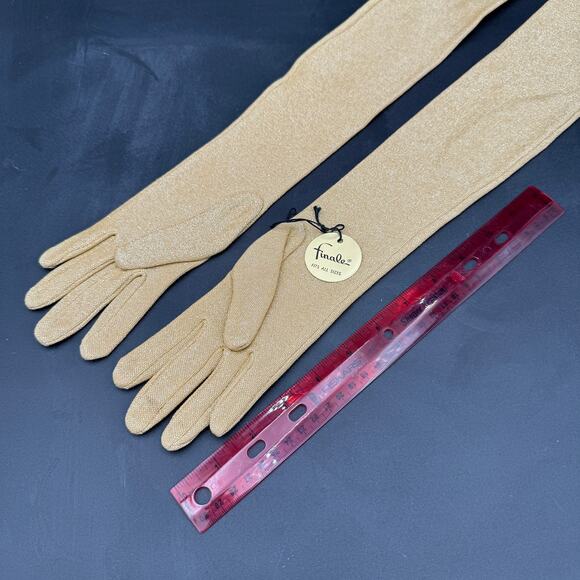 Shimmery Gold Gloves Vintage 50 60s Evening Dressy Mid-Arm Glittery Lame NOS - Picture 3 of 8